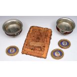 A COLLECTION TO INCLUDE an Illustrated page from the Koran, two Tibetan drinking bowls and three