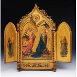 A 19TH CENTURY FLORENTINE CARVED GILTWOOD TRYPTICH painted with angels within an acanthus frame,