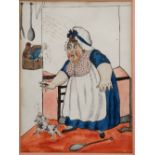 19TH CENTURY ENGLISH SCHOOL Caricature of a buxom lass addressing a tiny man in a scullery with