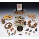 A COLLECTION OF SPINDLE WHORL CLAY BEADS, pre-Columbian green hardstone beads, two necklaces, a