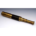 A BRASS AND LEATHER MOUNTED FOUR DRAWER TELESCOPE signed M. Aronsberg, Liverpool, 25cm closed