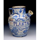 AN ITALIAN BLUE AND WHITE POTTERY WET DRUG JAR with spout and side handle inscribed Plantaginis,