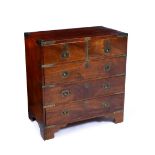 A MINIATURE BRASS BOUND MILITARY CHEST fitted two short and three long drawers with inset brass