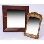 A VICTORIAN ROSEWOOD FRAME RECTANGULAR HANGING WALL MIRROR, 30cm square and a giltwood desk mirror
