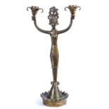 A 19TH CENTURY AUSTRIAN BRONZE CANDLESTICK of oriental figure form on an inverted coronet base,