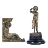 A 19TH CENTURY FRENCH BRONZE FIGURE of a dancing Cupid on an ebonised plinth, 29cm high overall; and