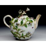 A MEISSEN PORCELAIN TEAPOT AND COVER of globular form with flower encrusted decoration and painted