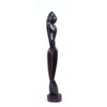 AN AFRICAN CARVED WOOD STYLISED FEMALE FIGURE, 79cm high, two further carved figures, 32cm and