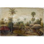 A 19TH CENTURY PAINTING of an Indian village scene of thatched huts around a pond and tiled feasting