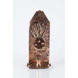 Arts & Crafts Wall sconce in the manner of the Newlyn School copper mounted on wood, with sunburst