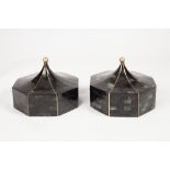 Maitland Smith Ltd. Pair of boxes tessellated, of octagonal form and with hinged domed pagoda