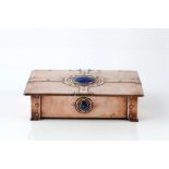 A. E. Jones (attributed to) Arts & Crafts box hammered copper, riveted straps and enamel roundels