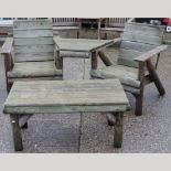 A hardwood garden seats, together with a matching coffee table, 103cm,