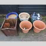 A collection of glazed garden pots, together with a wooden box planter,