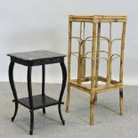 An ebonised side table, together with a bamboo plant stand,
