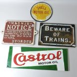 A painted metal Shell sign, together with a Castrol sign, 18 x 48cm,