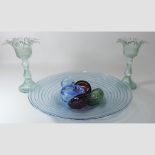 A blue glass bowl, 49cm diameter, together with various bowls, a large cut glass jug,