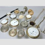 A collection of six gold pocket watches, together with other silver and plated pocket watches,