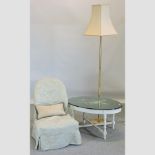 A cream painted occasional table, 83cm, together with a nursing chair, with a green loose cover,