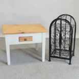 A painted iron wine rack, together with a pine and painted side table,