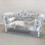 A crushed velvet upholstered sofa, on white painted legs,