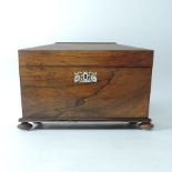 A late Regency rosewood and mother of pearl inlaid tea caddy, of sarcophagus form,