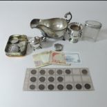 A silver vesta, together with a silver top dressing table jar, plated items,