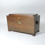 A late regency rosewood tea caddy, of sarcophagus form,