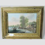 Dutch School, 19th century, canal scene with figures and boats, oil on metal,