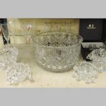 A cut glass punch bowl, 30cm diameter, together with champagne flutes,