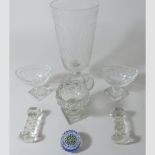A 19th century etched glass celery glass, 23cm tall, together with a pair of cut glass salts,