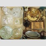 Two boxes of glassware, brass and pewter,