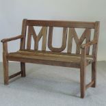 A hardwood slatted garden bench, stamped Alexander Rose,