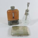 A silver cigarette case, together with a hip flask and an atomiser,