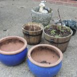 A pair of blue glazed garden pots, 34cm diameter,