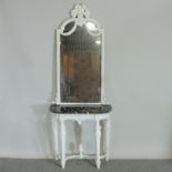 A white painted marble top carved console table, 85cm,