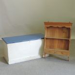 A painted pine blanket box, together with a pine two tier hanging wall shelf,