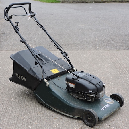 A green Hayter petrol lawn mower