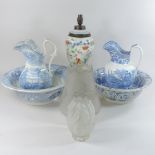 A blue and white jug and bowl, together with another,