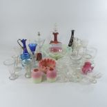 A collection of glass to include a vaseline lamp shade, rinsers, a Loetz style vase,