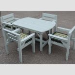 A green painted wooden garden table, 135 x 86cm,