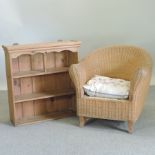 A wicker tub chair, together with a pine hanging shelf ,