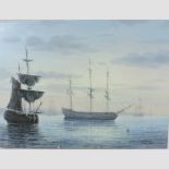 James Hardy, 20th century, warships off the coast, signed oil on board,