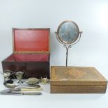A copper toiletry mirror, 38cm tall, together with a mahogany box,