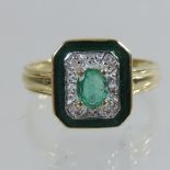 An 18 carat gold emerald and enamel square set dress ring,