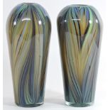 A pair of Italian coloured glass vases, with feathered decoration,