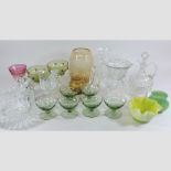 A collection of glassware to include green coloured sundae dishes and decanters