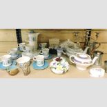 A collection of decorative china, silver plate, corkscrews and a carving set,