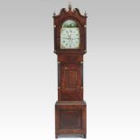 A late George III oak and mahogany cased longcase clock, the painted arched dial signed Eborall,