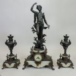 A 19th century French bronzed figural three piece clock garniture, Le Reveil du Zephir,